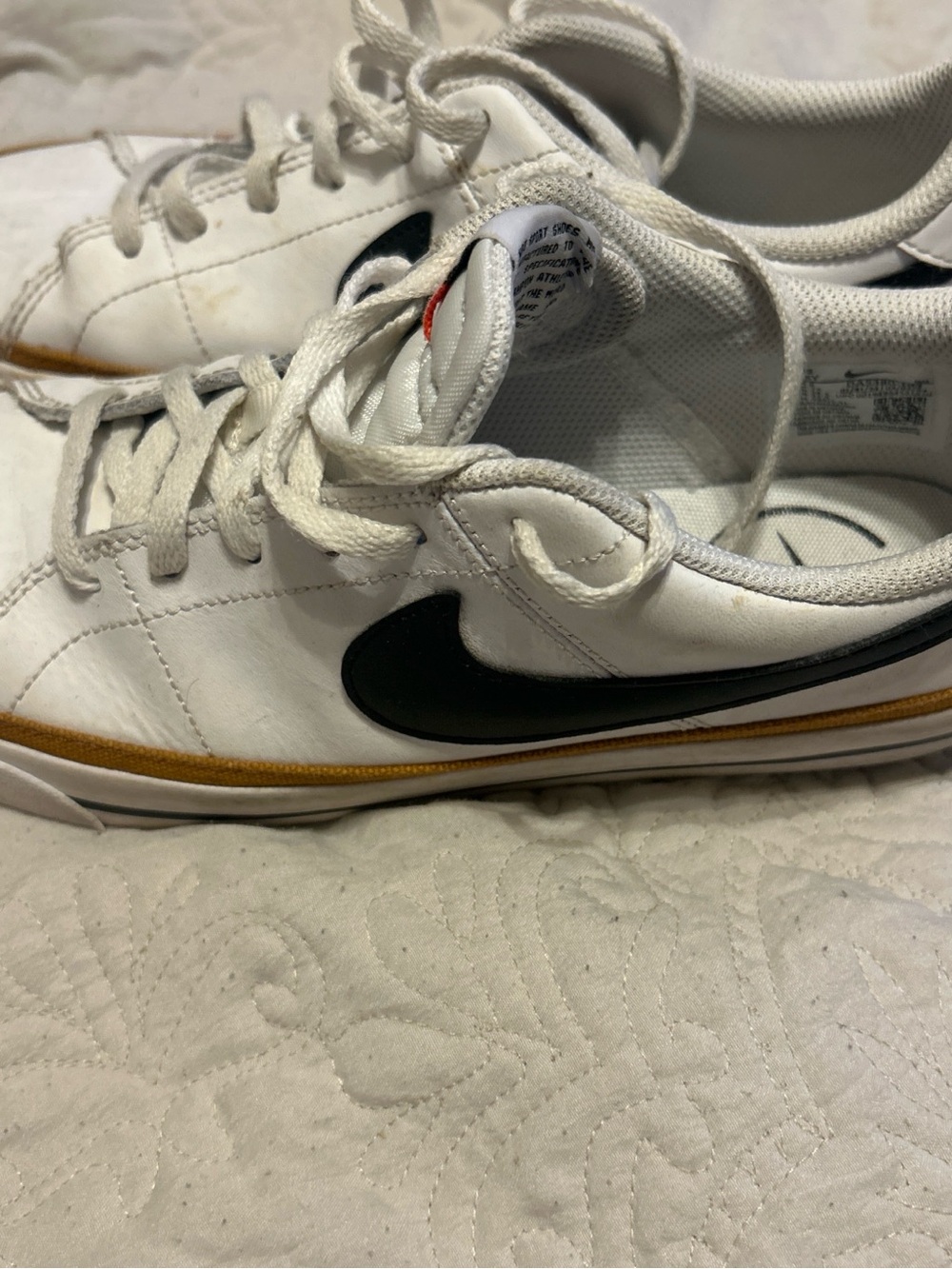 Nike White Sneakers with Black Swoosh and Gold Trim 6.5 youth